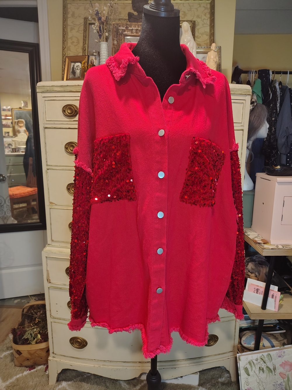 Fantastic Fawn Red Sequin On Velvet Pockets & Sleeve Denim Jacket